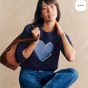 Sezane Navy Sweatshirt with Light Blue Heart Graphic